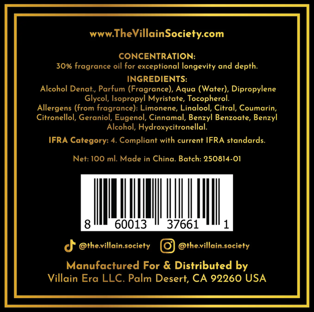The Villain Society Chillin' Like a Villain Unisex Luxury Parfum 30% Concentration Long Lasting Warm Addictive Scent with Citrus Notes Woody Amber Blend The Villain Society